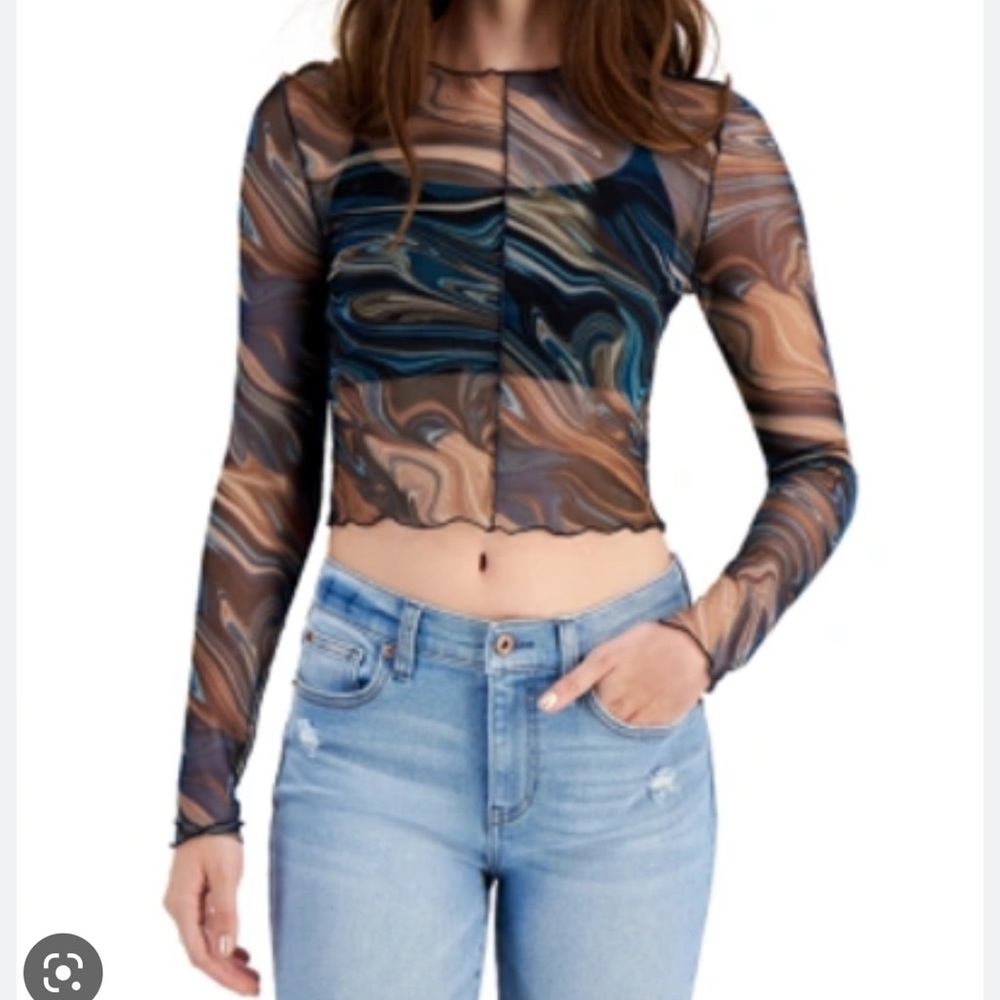 NWT Seamed knit marble print mesh top